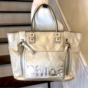 CHLOE Eclipse Oversized Ivory Silver Gold Tote Shoulder Bag Exterior Zip Pockets